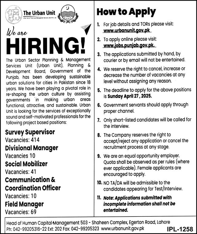 Urban Unit Jobs 2025 Advertisement