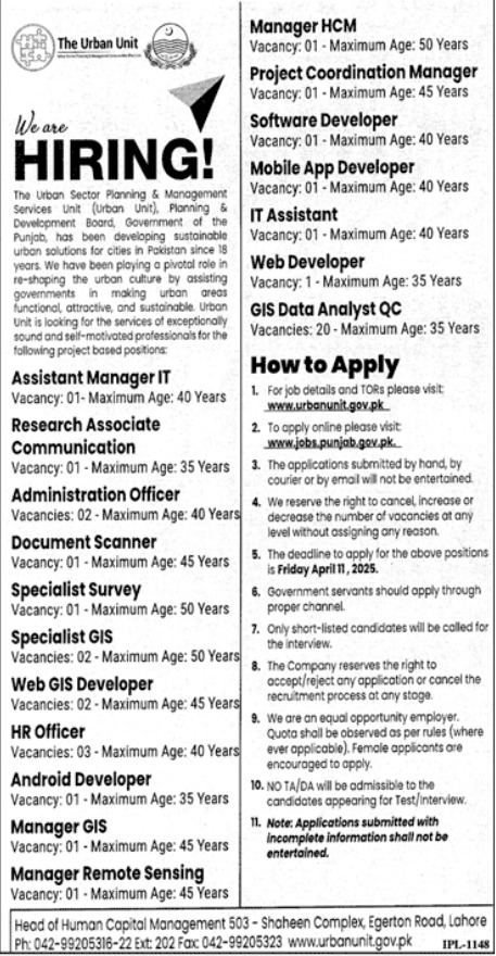 Urban Unit Lahore Jobs 2025 Advertisement